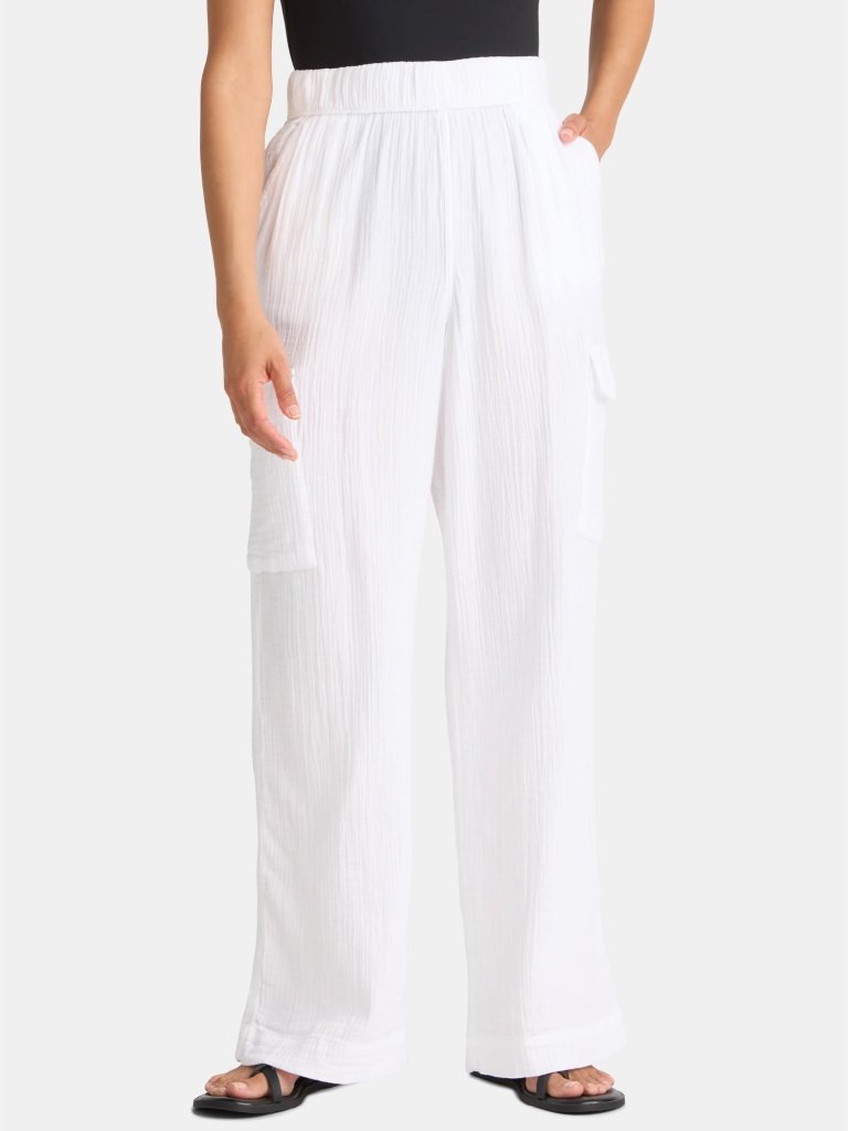 Time And Tru White Cotton Textured Fabric Cargo Beach Pants